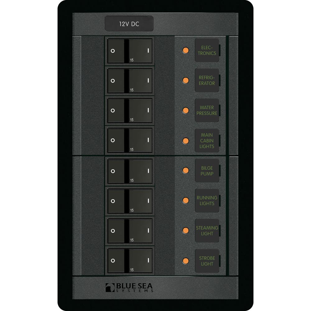 Blue Sea Systems Blue Sea 1200 12V DC 8-Position Vertical Electrical Panel with circuit breakers and wiring terminals.