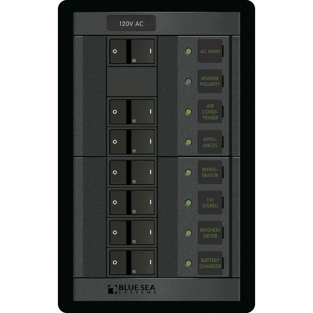 Blue Sea Systems 1202 120V AC electrical panel with 6 positions in a vertical layout, used for marine or industrial electrical setups.