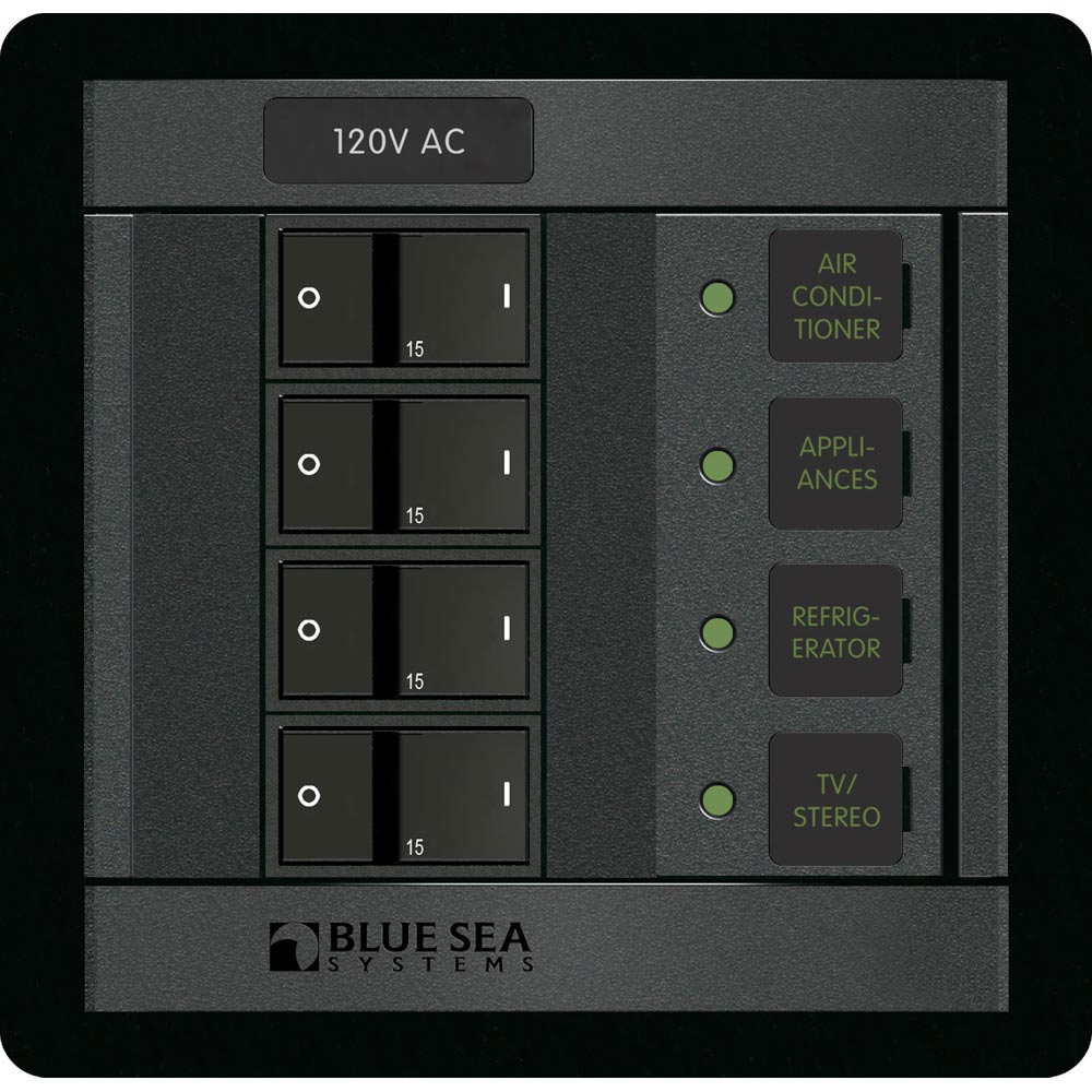 Blue Sea Systems 1210 electrical panel with 4-position switch, designed for 120V AC electrical control and distribution.
