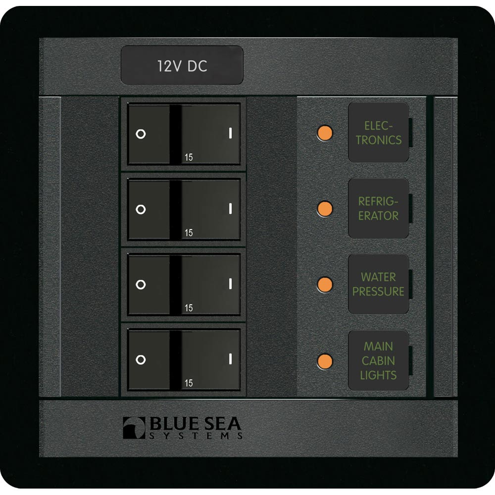 Blue Sea Systems 12V DC electrical panel with 4-position switch for marine or automotive use, featuring blue panel and labeled controls.