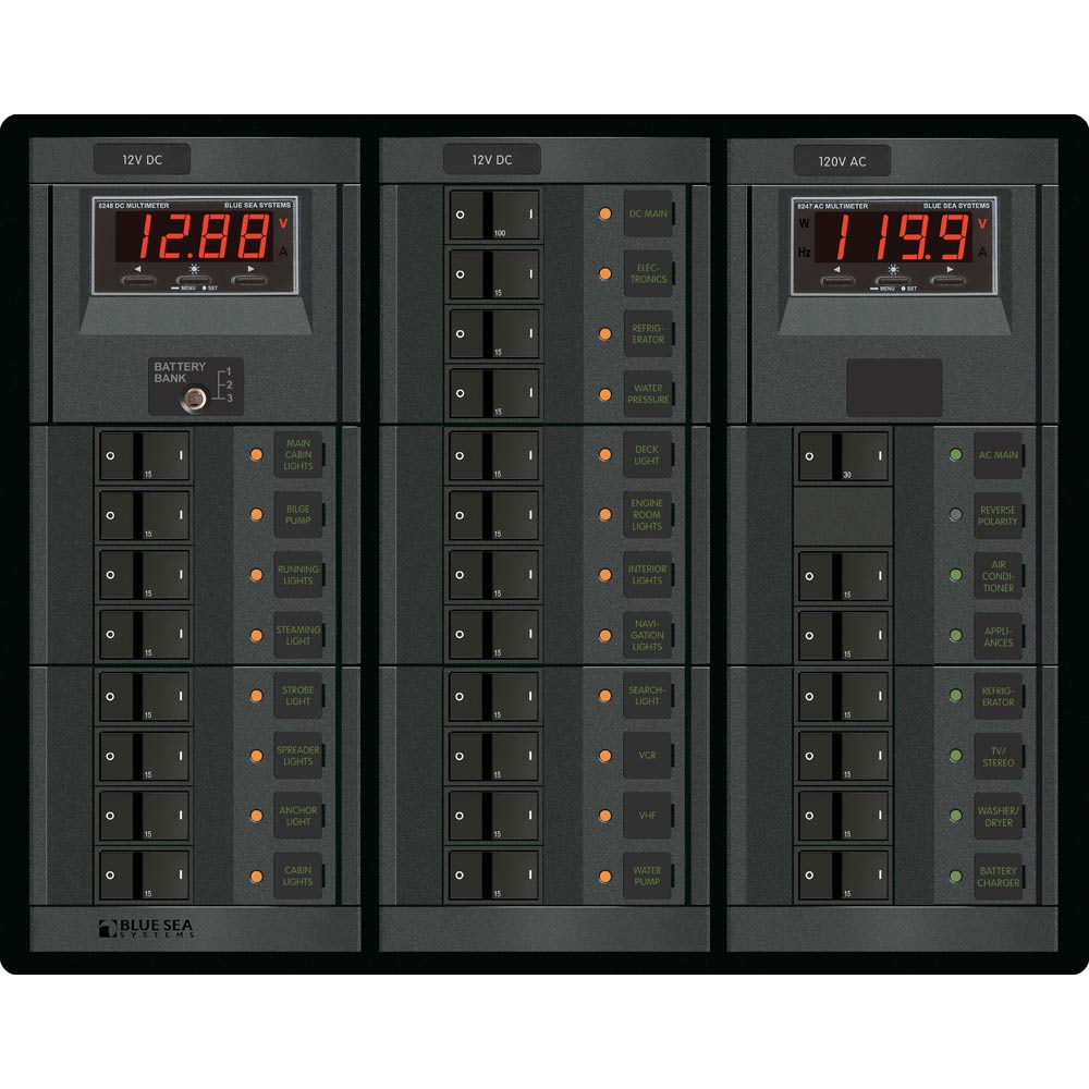 Blue Sea Systems electrical panel with 12V DC main and 19 positions, and 120V AC main with 6 positions, for marine or RV use.