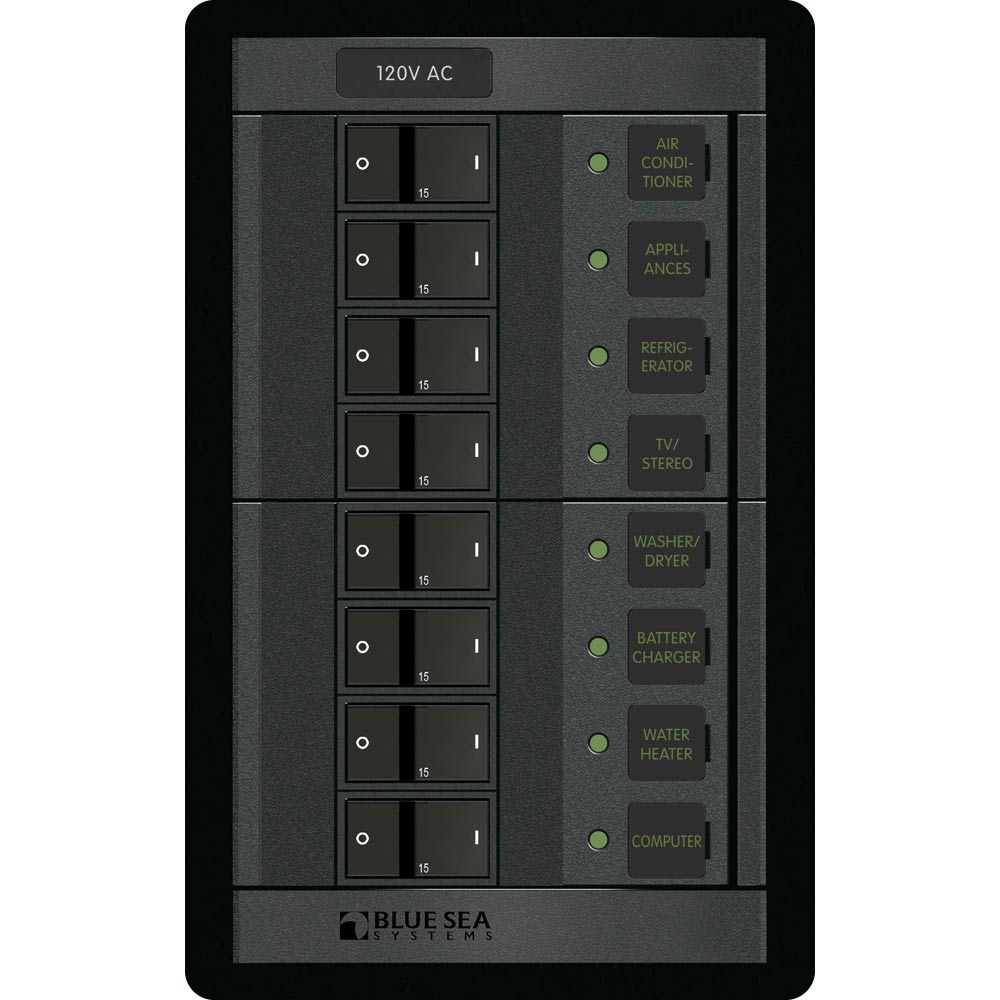 Blue Sea Systems 1228 120V AC electrical panel with 8 positions, mounted on a panel board for electrical control.