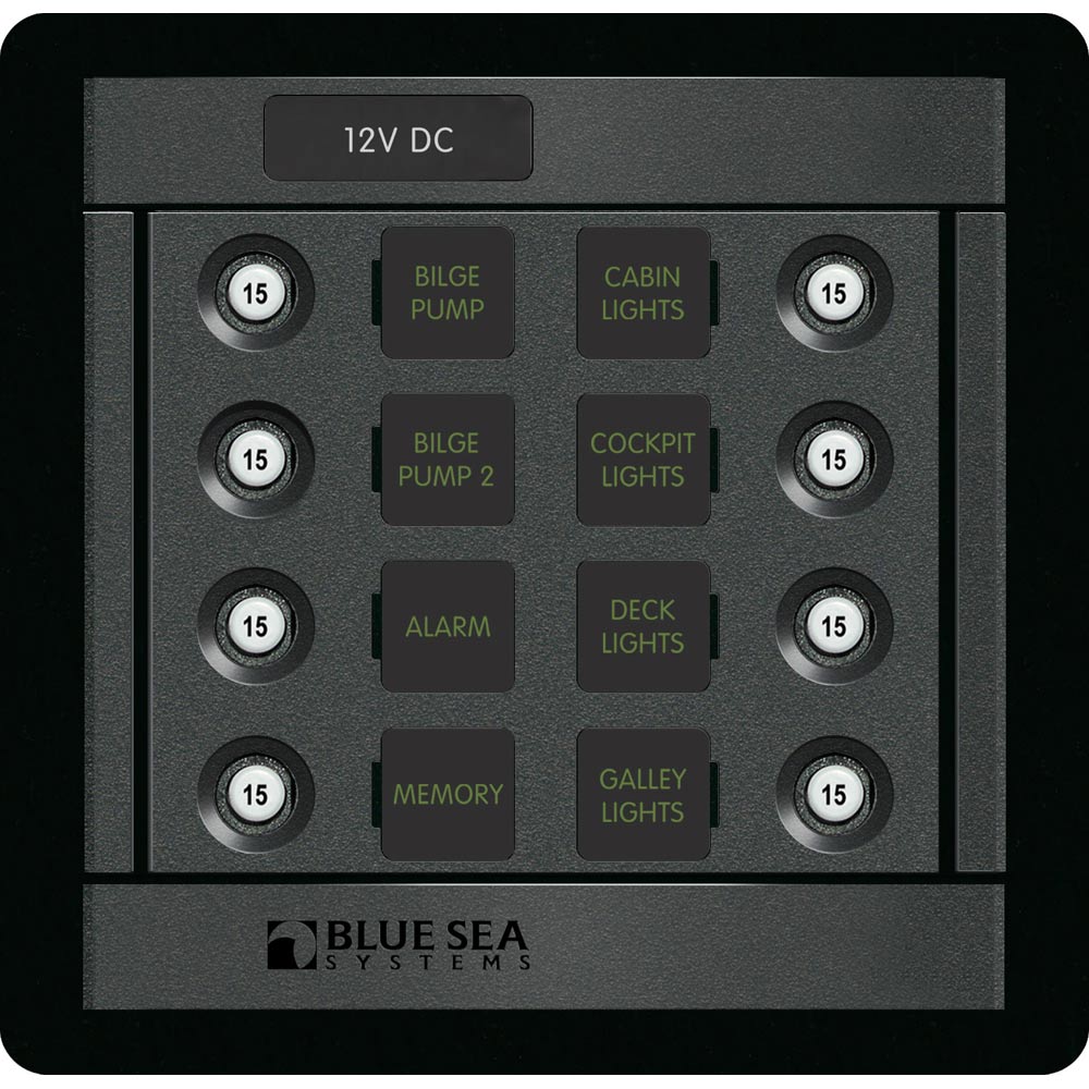 Blue Sea Systems 1450 DC 8-Position CLB Square electrical panel with blue and black components and control switches.