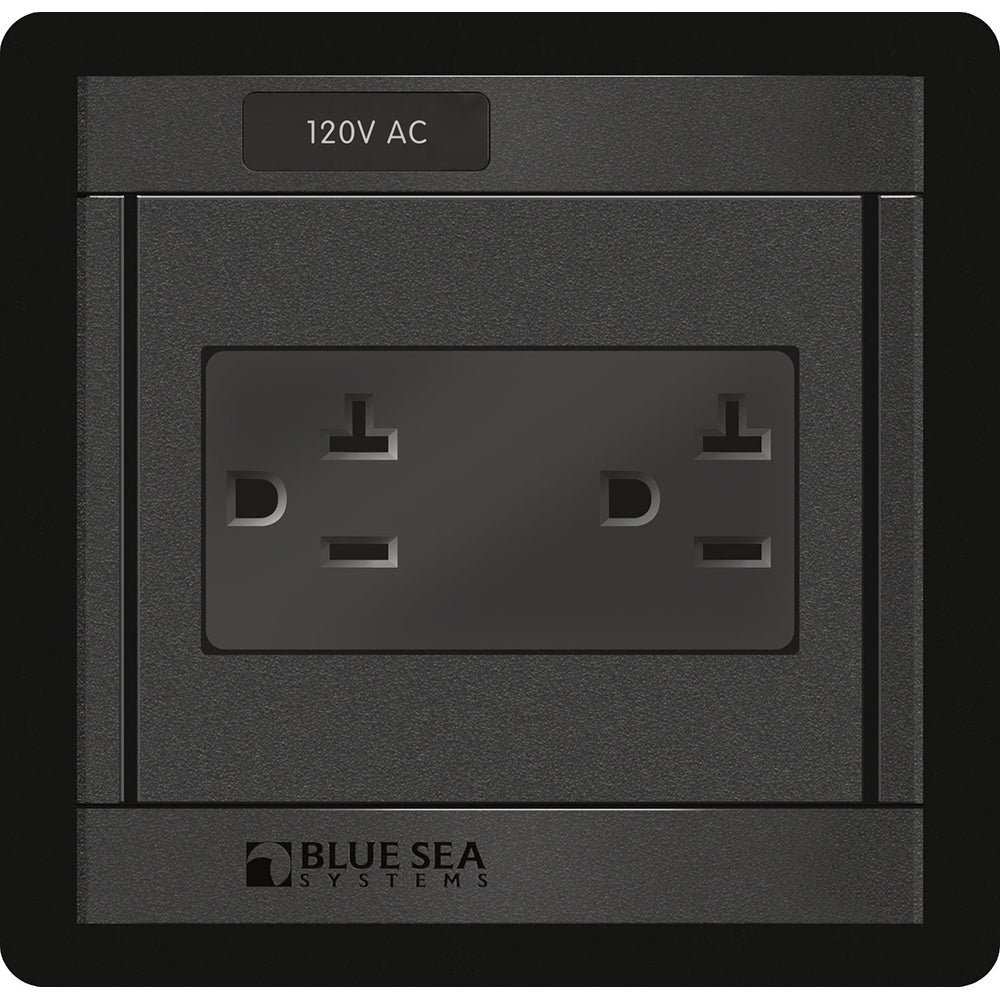 Blue Sea 1479 360 Panel with dual 120V AC outlets, electrical panel by Blue Sea Systems, mounted with visible outlets and wiring.