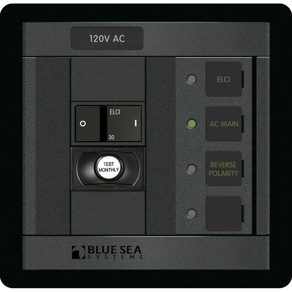 Blue Sea Systems Blue Sea 1502 ELCI Main 30A double pole electrical panel with circuit breakers and wiring.