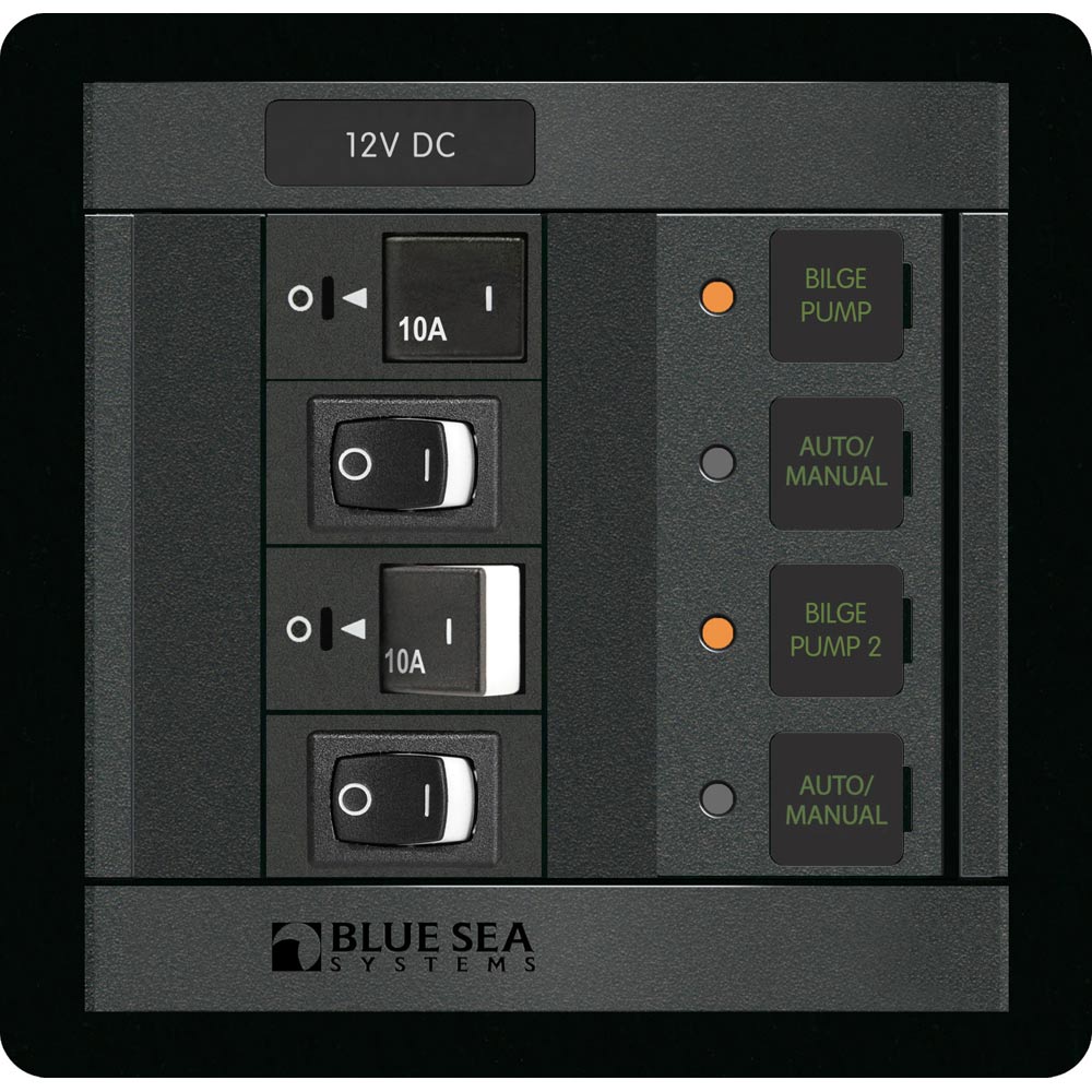 Blue Sea Systems Blue Sea 1522 360 Panel with dual bilge pump control switches and electrical panel components.