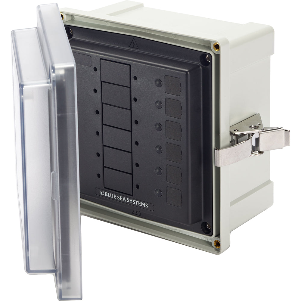 Blue Sea Systems SMS panel enclosure in blue with six blank circuit spaces for electrical wiring and safety.