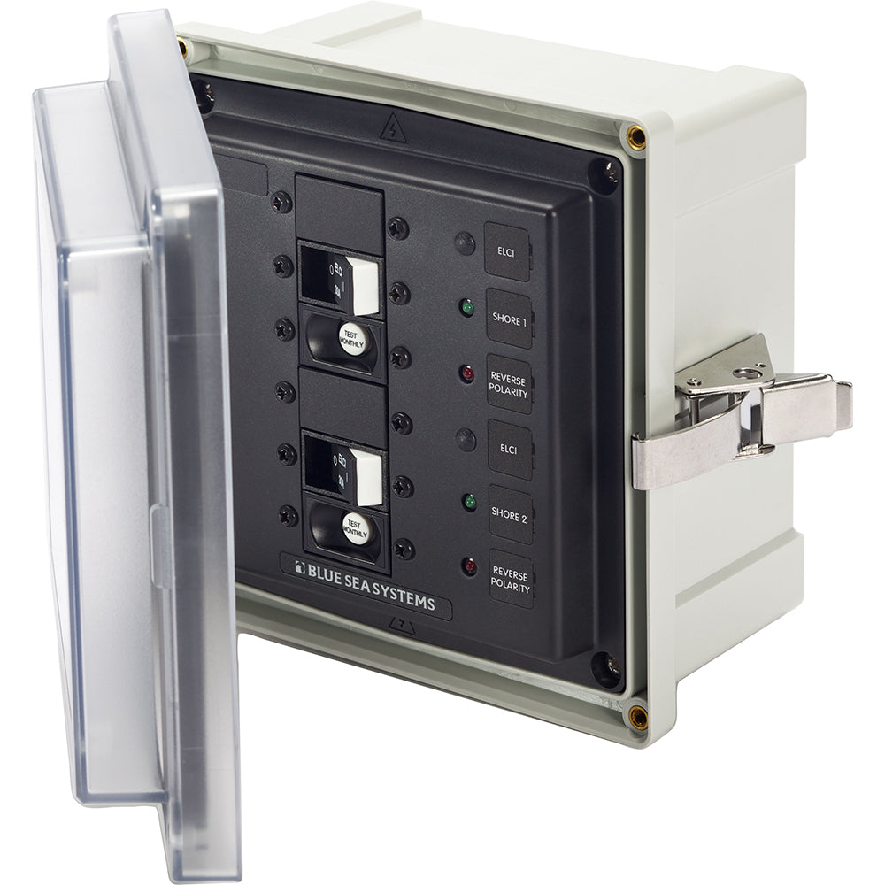 Blue Sea Systems SMS Panel Enclosure with 2 ELCI breakers, 30A, 120V AC electrical panel for safe power distribution.