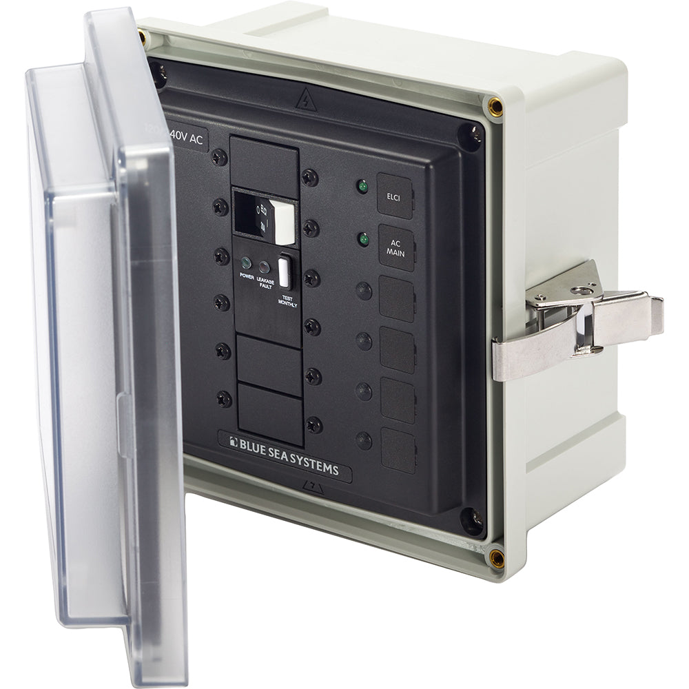 Blue Sea Systems Blue Sea 3120 SMS panel enclosure with ELCI main, two blank slots, suitable for 240V electrical wiring.
