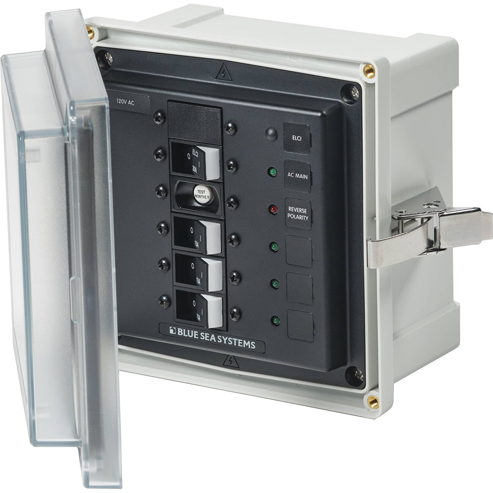 Blue Sea Systems Blue Sea 3128 SMS Panel Enclosure with ELCI, 30A, 3 branch, 15A, 120V AC electrical panel for safety and distribution.