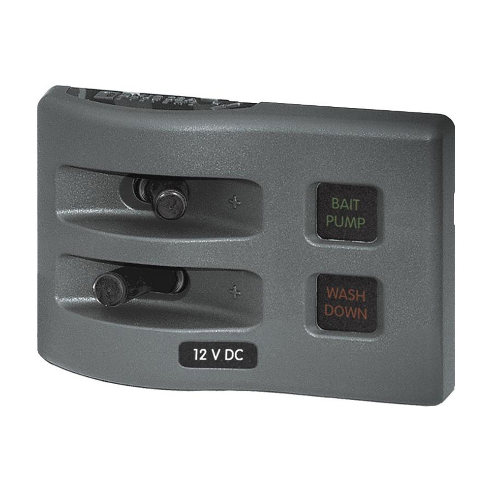 Blue Sea Systems WeatherDeck 4302 water-resistant fuse panel with 2 positions in grey, designed for electrical panel applications.