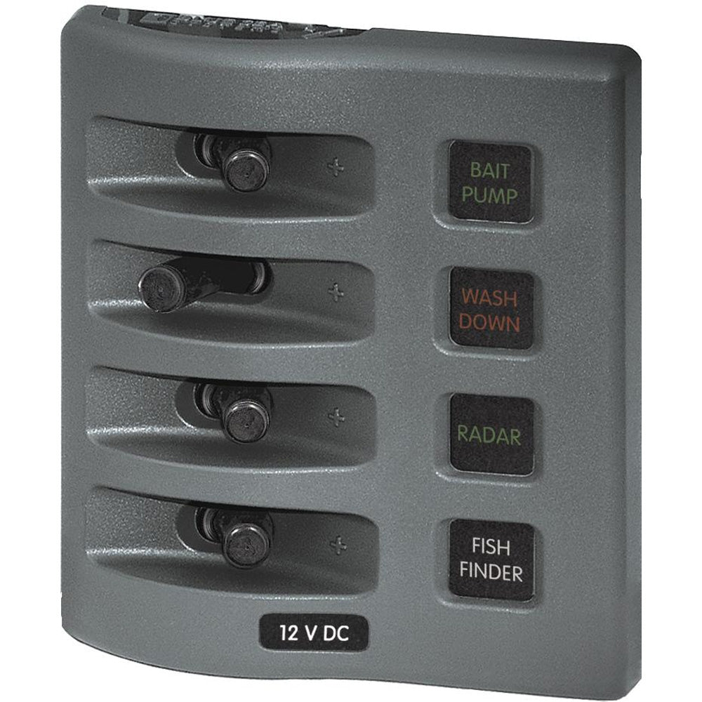 Blue Sea Systems WeatherDeck 4304 water-resistant fuse panel with 4 positions in grey, designed for electrical panel applications.