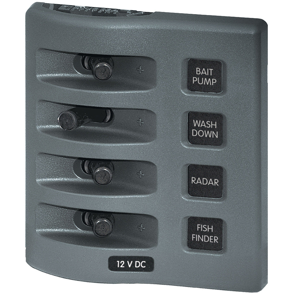 Blue Sea Systems WeatherDeck 4305 waterproof 12V DC switch panel with 4 positions for marine electrical control.