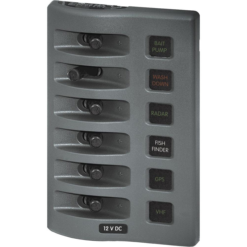 Blue Sea Systems WeatherDeck 4306 water-resistant fuse panel with 6 positions in grey, designed for marine electrical systems.