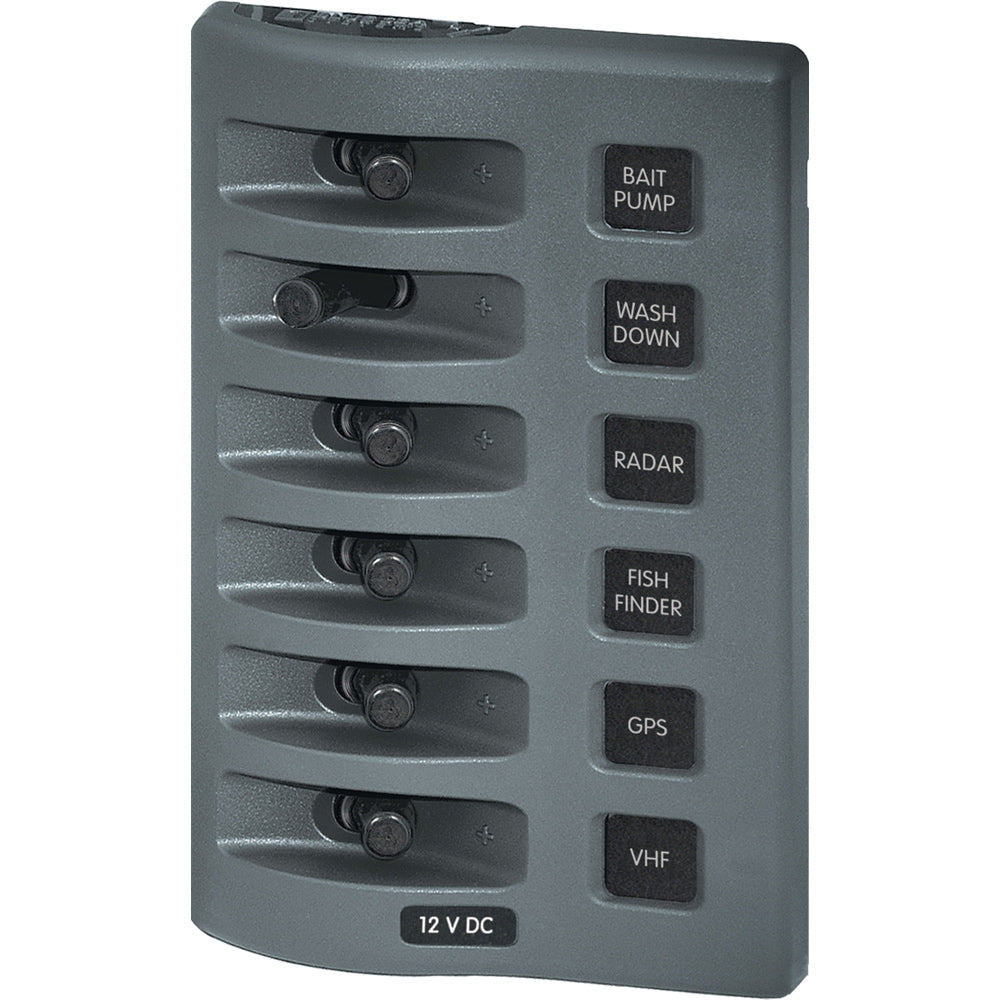 Blue Sea Systems WeatherDeck 12V DC waterproof switch panel with six positions, used for marine electrical control.