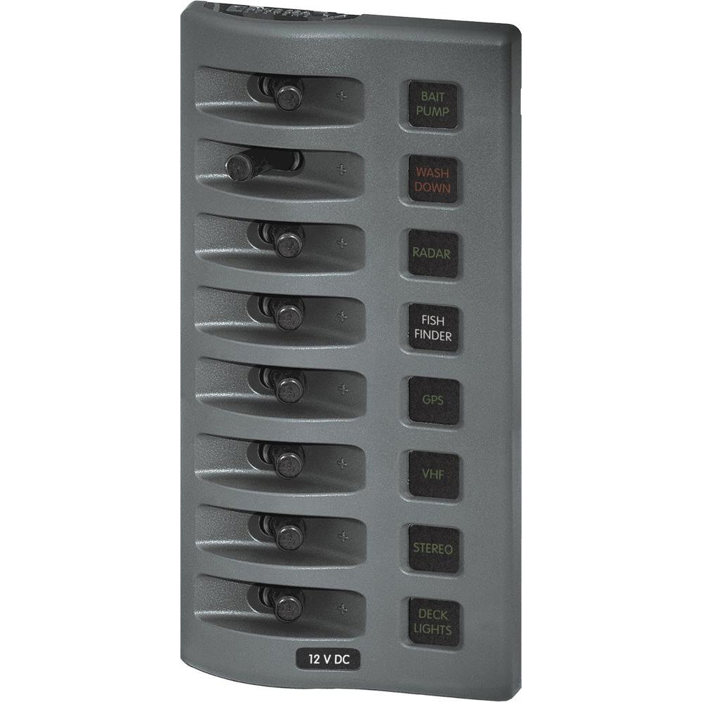 Blue Sea Systems 4308 WeatherDeck water-resistant fuse panel with 8 positions in grey, designed for electrical panel applications.
