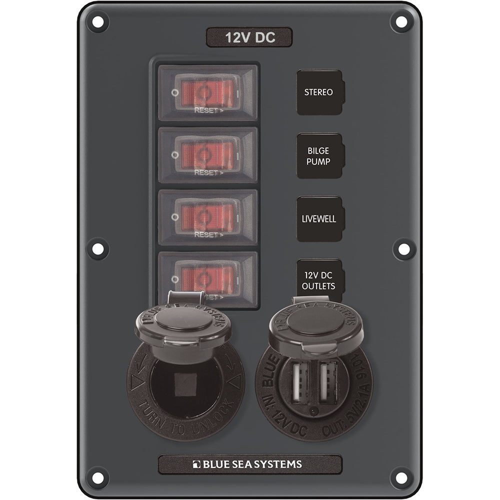 Blue Sea Systems 4321 circuit breaker switch panel with 4 positions, gray color, 12V socket, and dual USB ports for electrical panels.