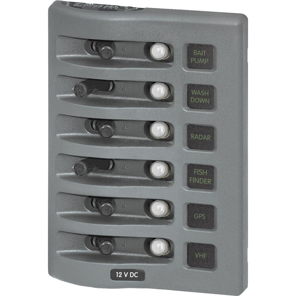 Blue Sea 4376 WeatherDeck water-resistant circuit breaker panel with six positions in grey, designed for marine electrical systems.