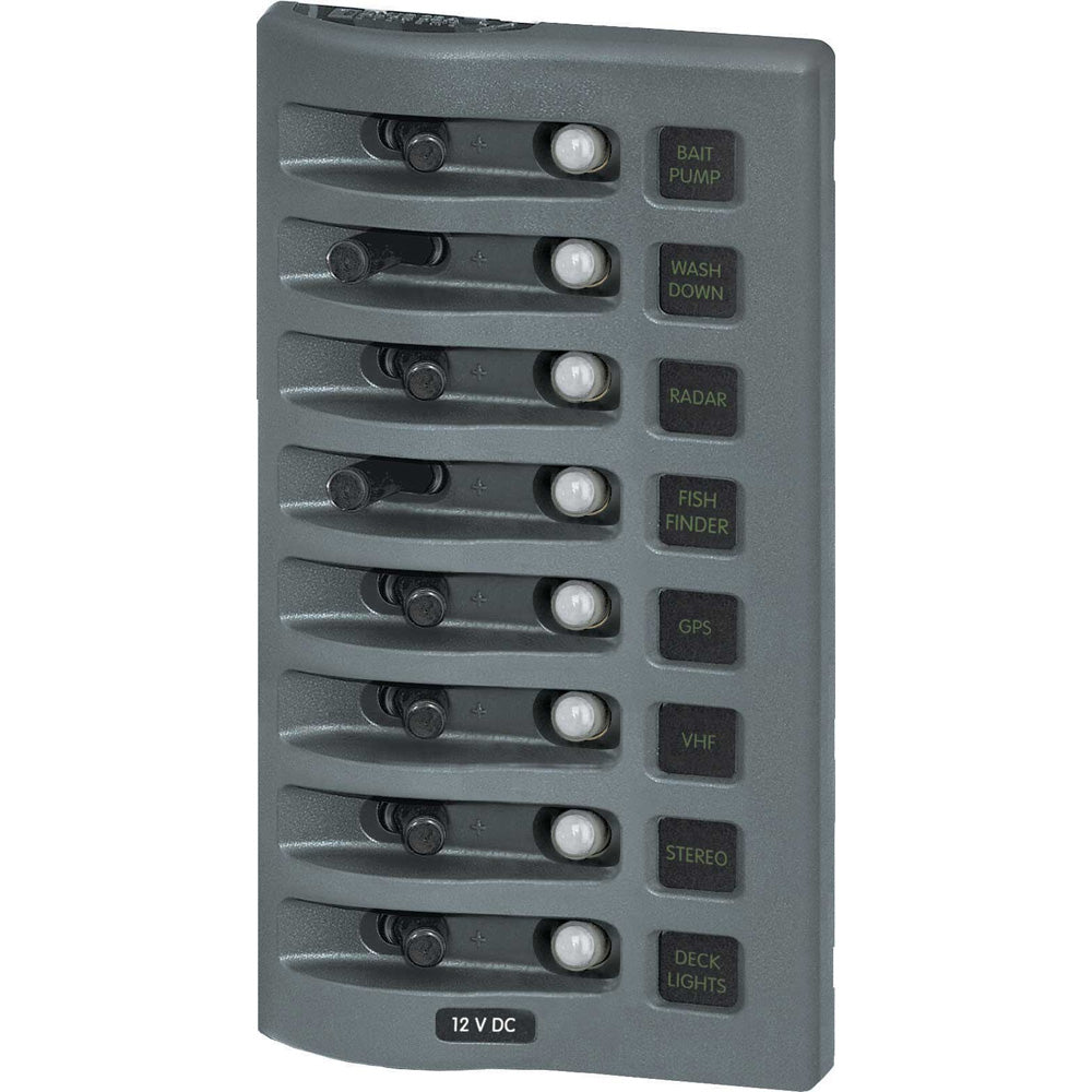 Blue Sea Systems WeatherDeck 8-position water-resistant electrical circuit breaker panel in grey, designed for marine or outdoor use.