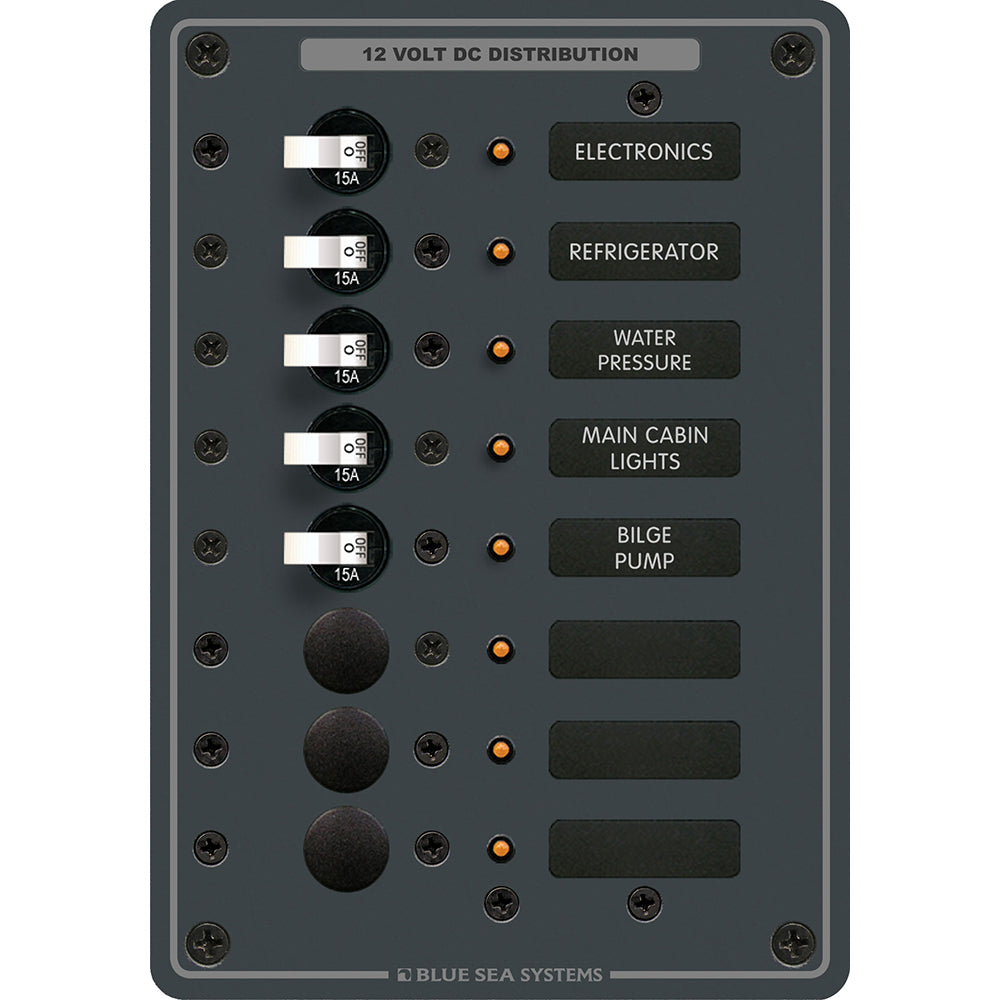 Blue Sea Systems 8023 DC 8-position circuit breaker with white switches for electrical panels.