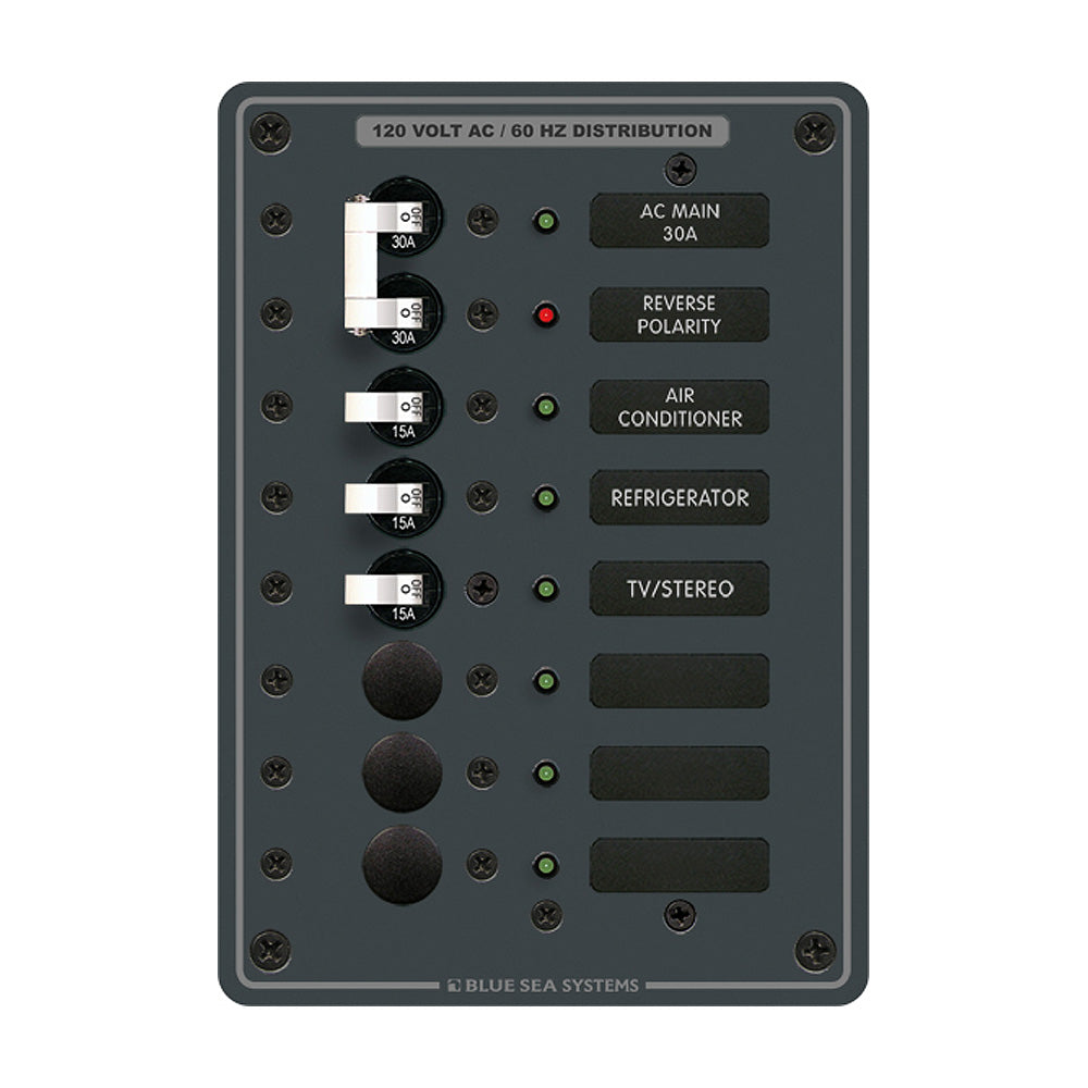 Blue Sea Systems AC main and 6-position breaker panel with white switches, electrical panel for marine or industrial use.