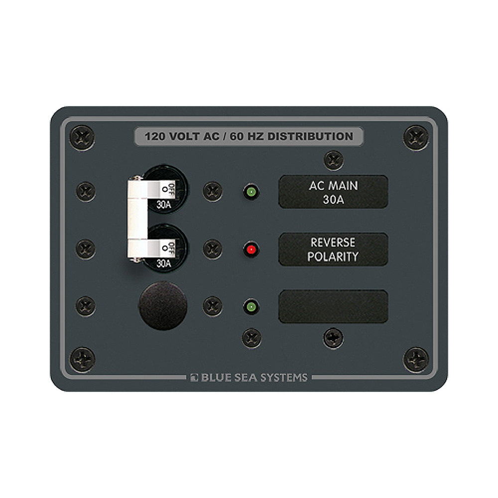 Blue Sea Systems AC main breaker panel with white switches, 8029 model, featuring a single-position breaker for electrical system control