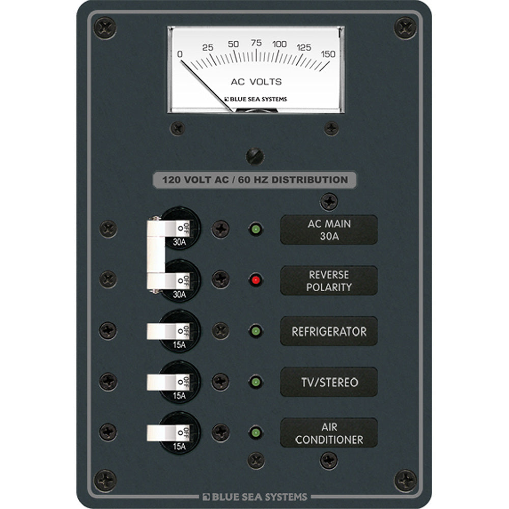 Blue Sea 8043 AC main and 3-position toggle circuit breaker panel with white switches, designed for electrical panel applications.