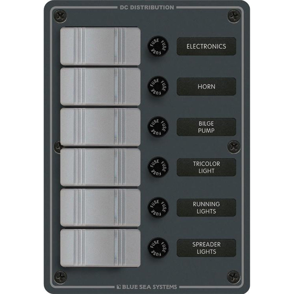 Blue Sea Systems 8053 Slate Grey electrical panel with 6 vertical positions, showcasing a compact, durable design.