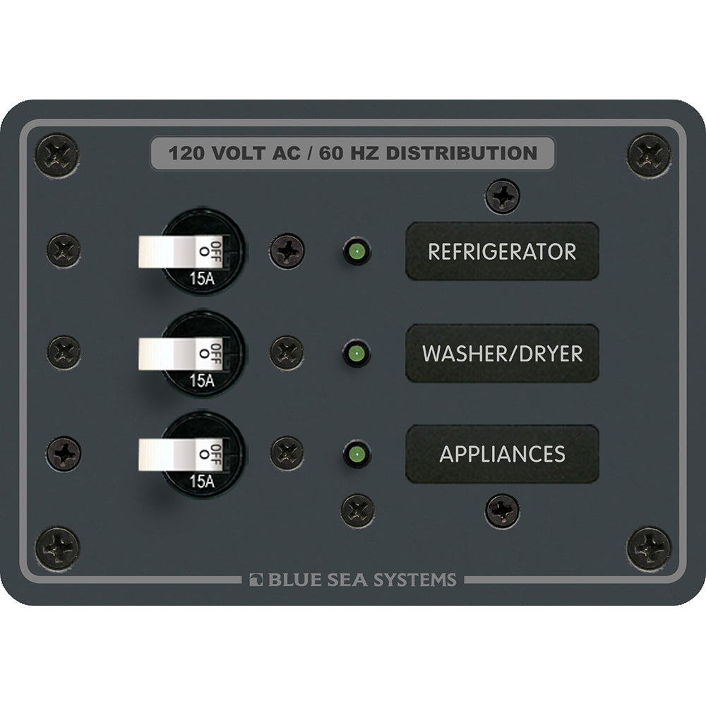 Blue Sea Systems 8058 AC 3-Position Toggle Circuit Breaker Panel with white switches, used for electrical panel applications.
