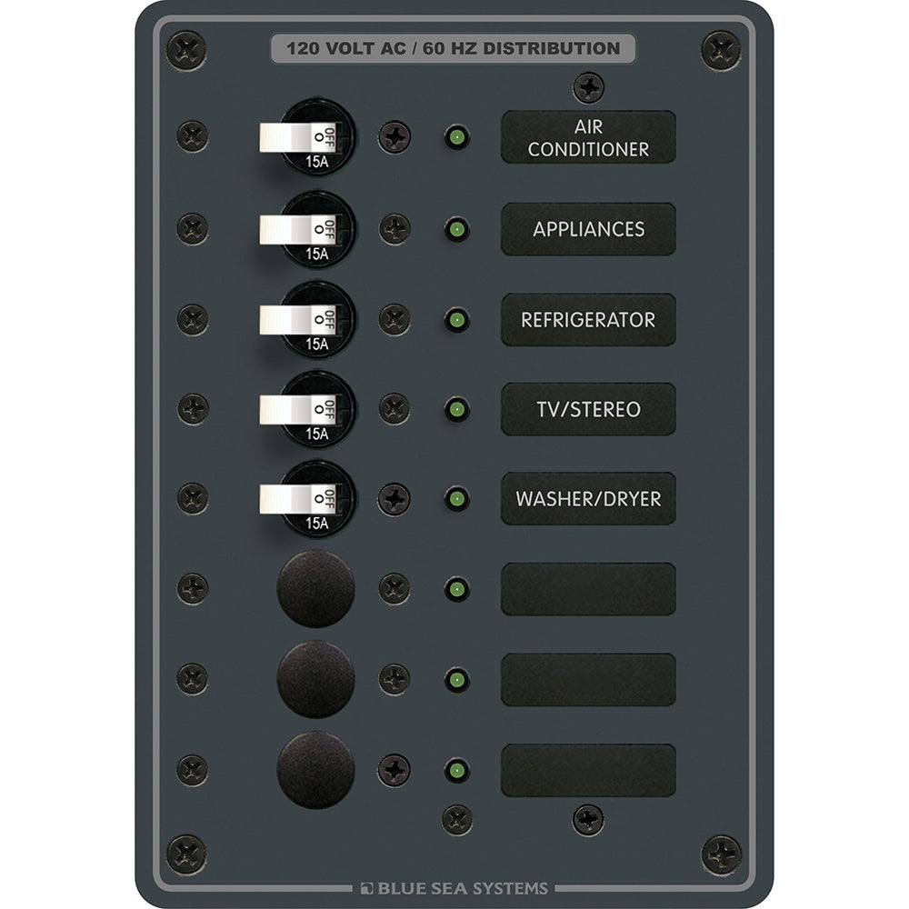 Blue Sea Systems 8059 AC 8-Position Toggle Circuit Breaker Panel for electrical systems and circuit management.