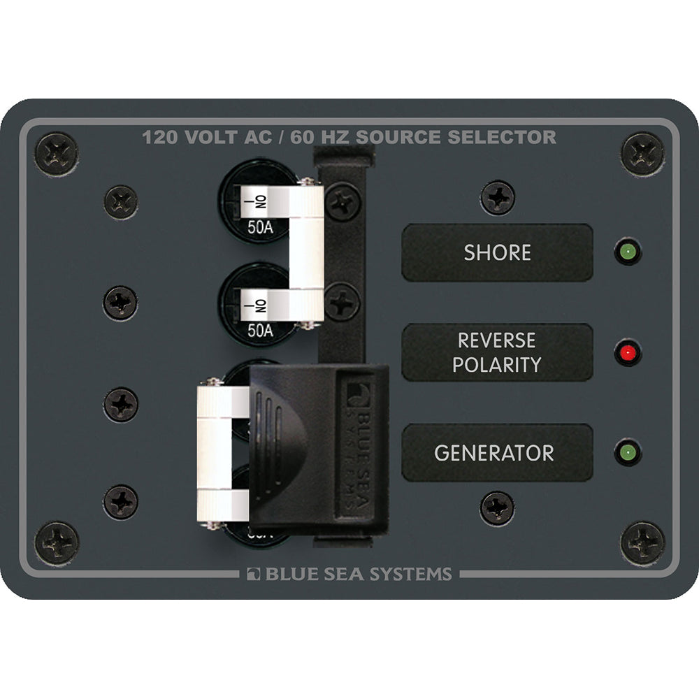 Blue Sea Systems 8061 AC Toggle Source Selector switch for electrical panels, 120V AC, 50AMP, blue and black control lever.