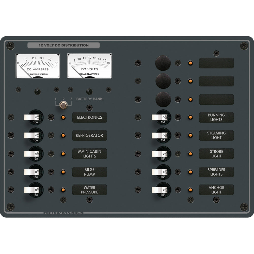 Blue Sea Systems 8068 DC 13-position toggle branch circuit breaker panel with white switches for electrical panel applications.