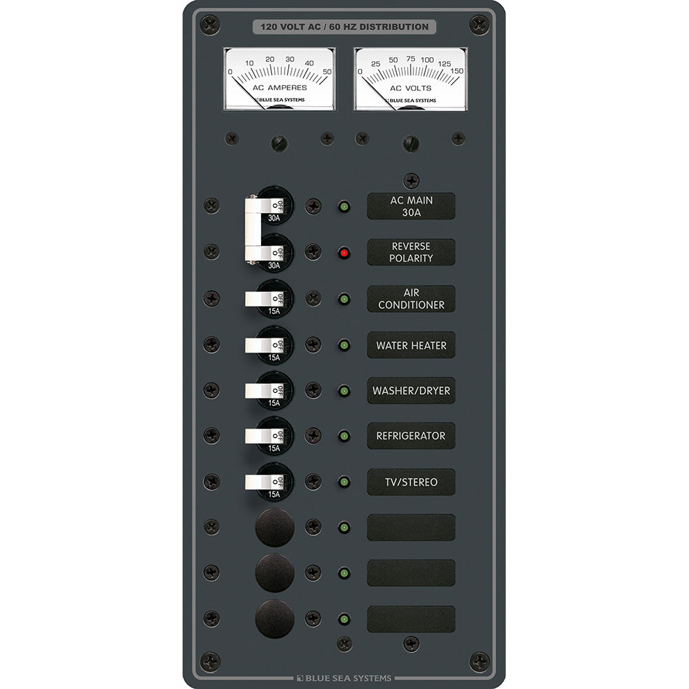 Blue Sea Systems AC main and 8-position toggle circuit breaker panel with white switches for electrical control.