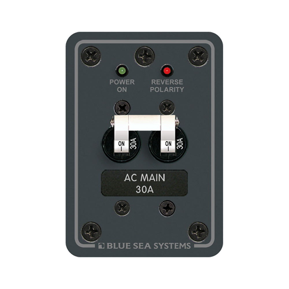 Blue Sea Systems AC Main Only Toggle Circuit Breaker Panel for electrical panel applications, blue and black design with toggle switch