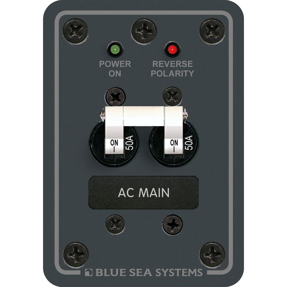 Blue Sea Systems AC main circuit breaker panel with white switches, designed for electrical panel applications.