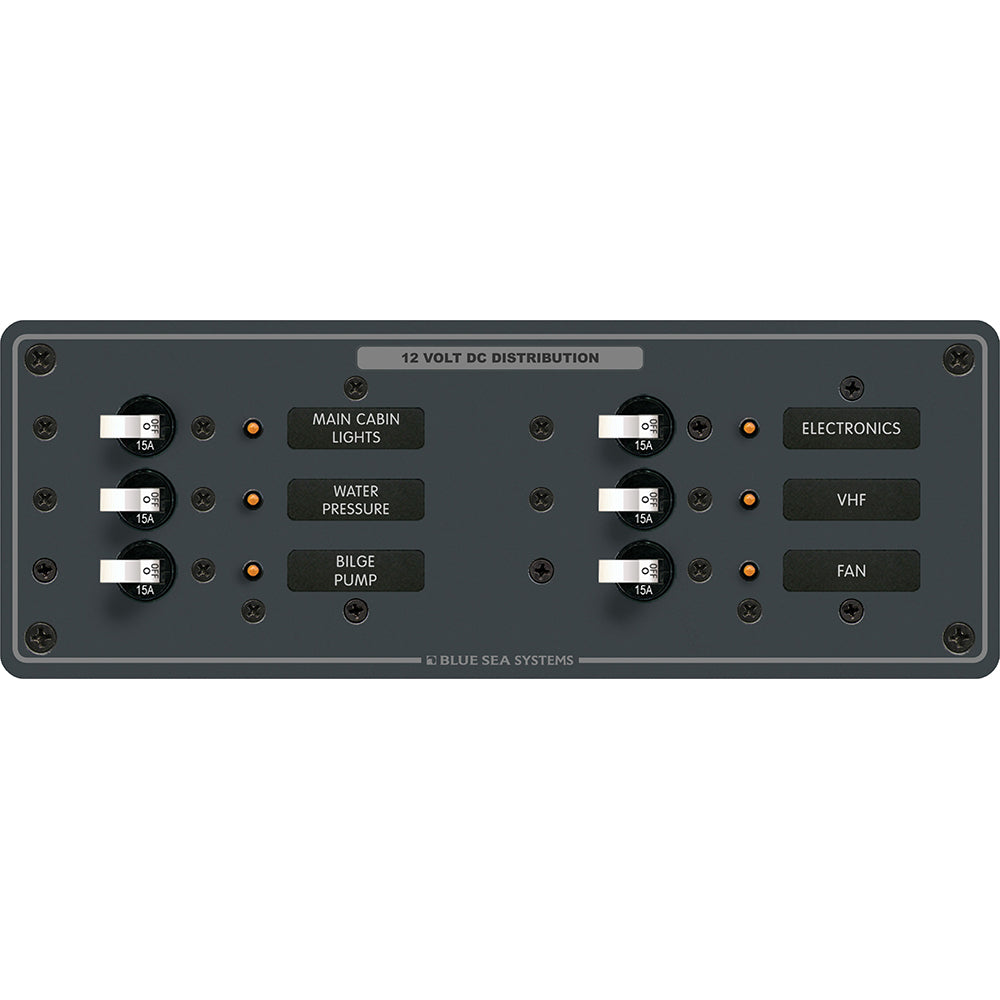 Blue Sea Systems DC 6-Position Toggle Circuit Breaker Panel with white switches for branch circuit protection.