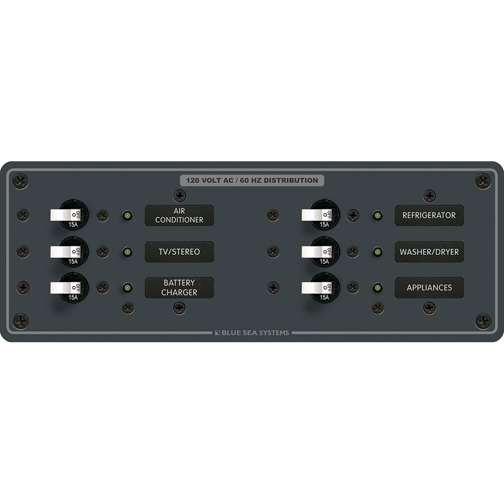 Blue Sea Systems 8097 AC 6-Position Toggle Circuit Breaker Panel with white switches for electrical control.