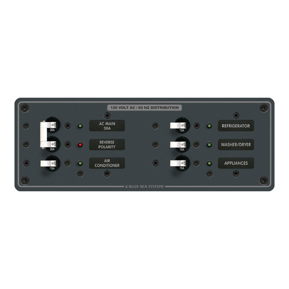 Blue Sea Systems AC main and 4-position toggle circuit breaker panel with white switches for electrical control.