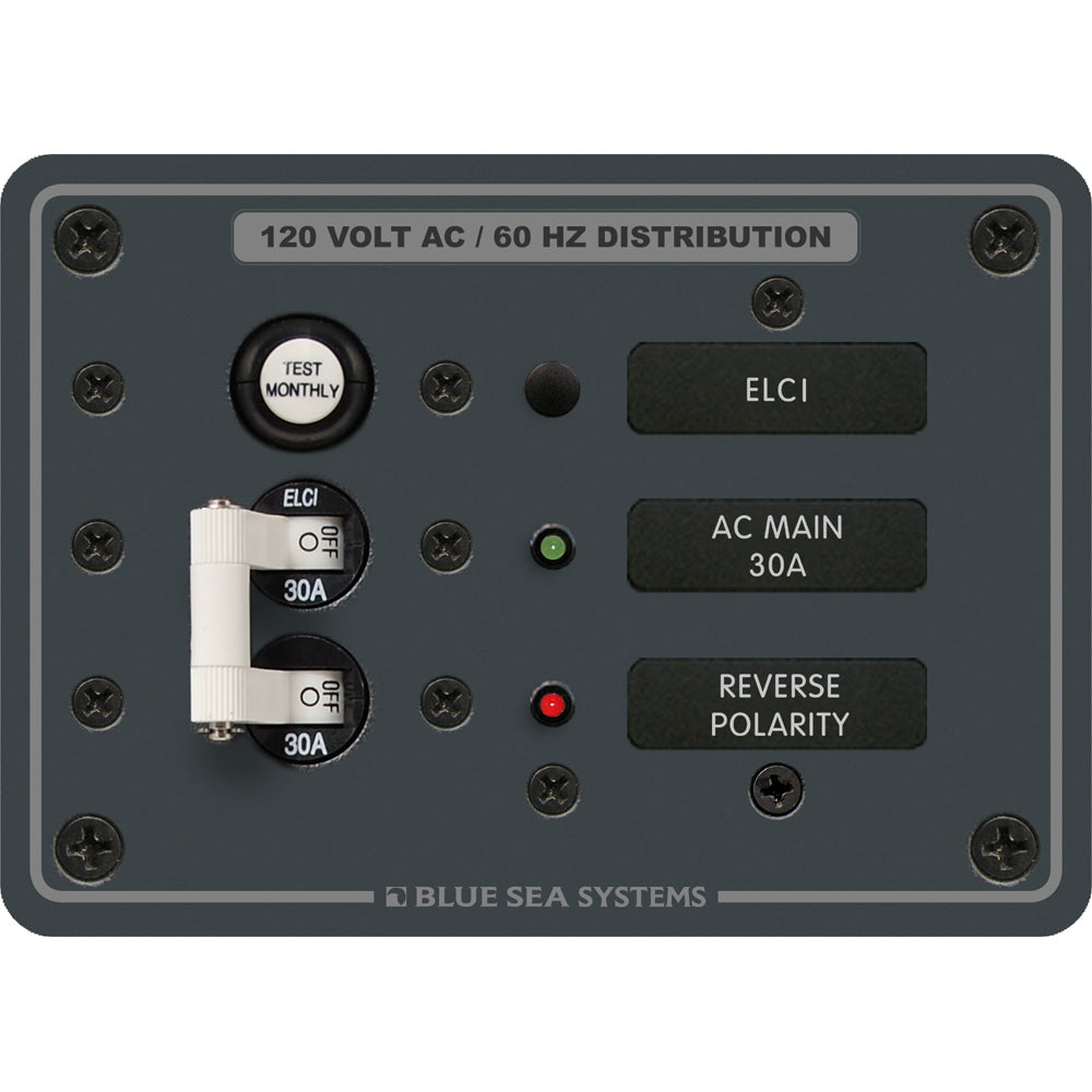Blue Sea Systems Blue Sea 8100 ELCI GFCI electrical panel with circuit breaker and control components.