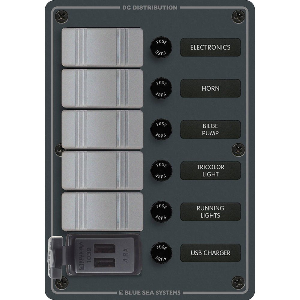 Blue Sea Systems 8121 5-Position Contura switch panel with dual USB chargers, black 12/24V DC electrical panel.