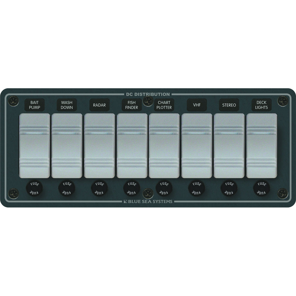 Blue Sea 8261 Waterproof Panel with 8 positions in slate grey, made by Blue Sea Systems for electrical panel applications.
