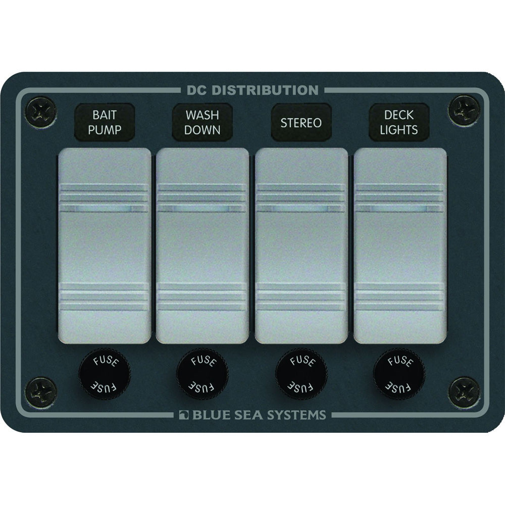 Blue Sea Systems 8262 Waterproof Panel with 4 positions in slate grey for electrical panel applications.