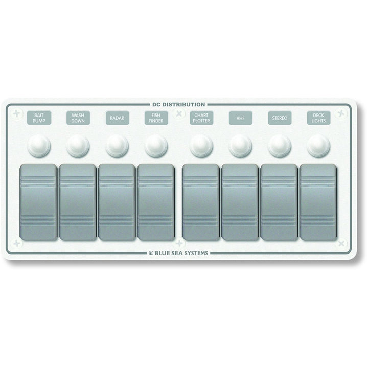 Blue Sea Systems 8271 water-resistant electrical panel with 8 positions in white, horizontally mounted for marine or industrial use.