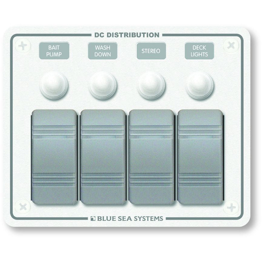 Blue Sea Systems 8272 water-resistant electrical panel with four positions, white horizontal mount for marine or industrial use