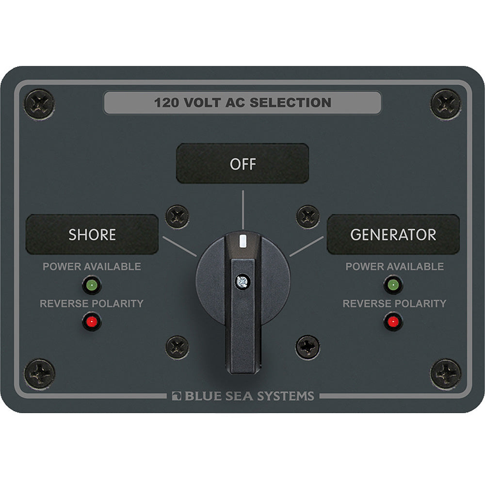 Blue Sea Systems 8367 AC Rotary Switch Panel with 30 Ampere, 2 positions plus OFF, 2-pole electrical panel for marine or industrial use.
