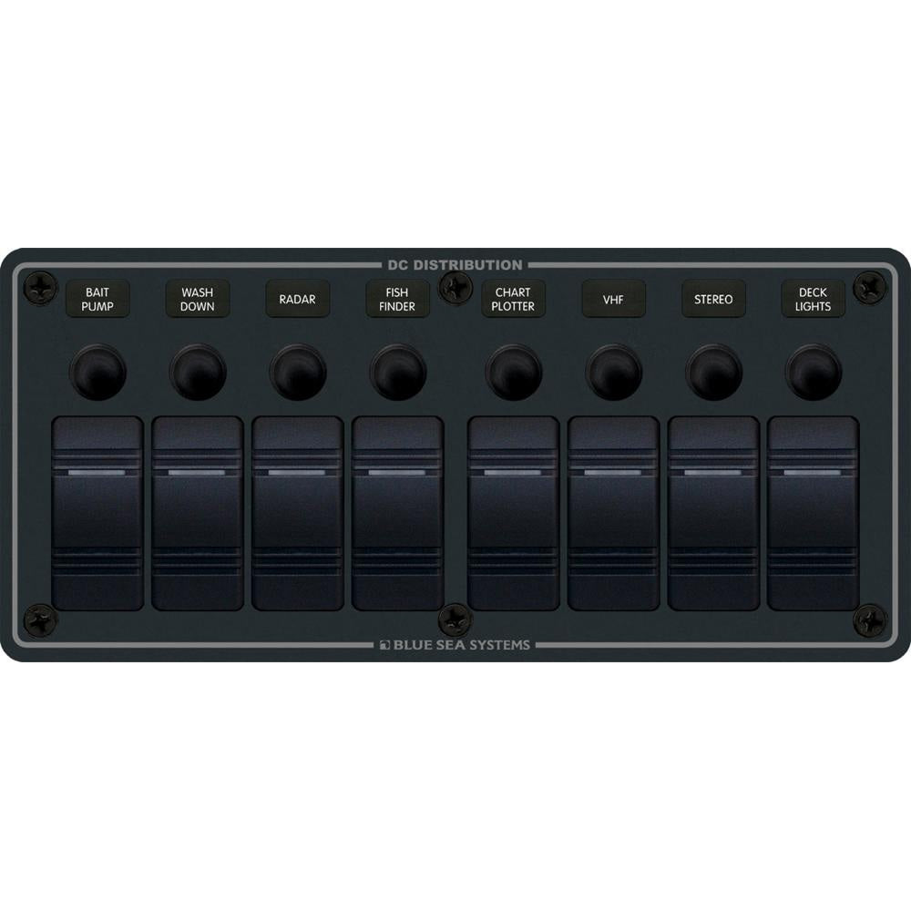 Blue Sea Systems 8371 water-resistant electrical panel with 8 positions in black, horizontal mount, designed for marine or outdoor use.