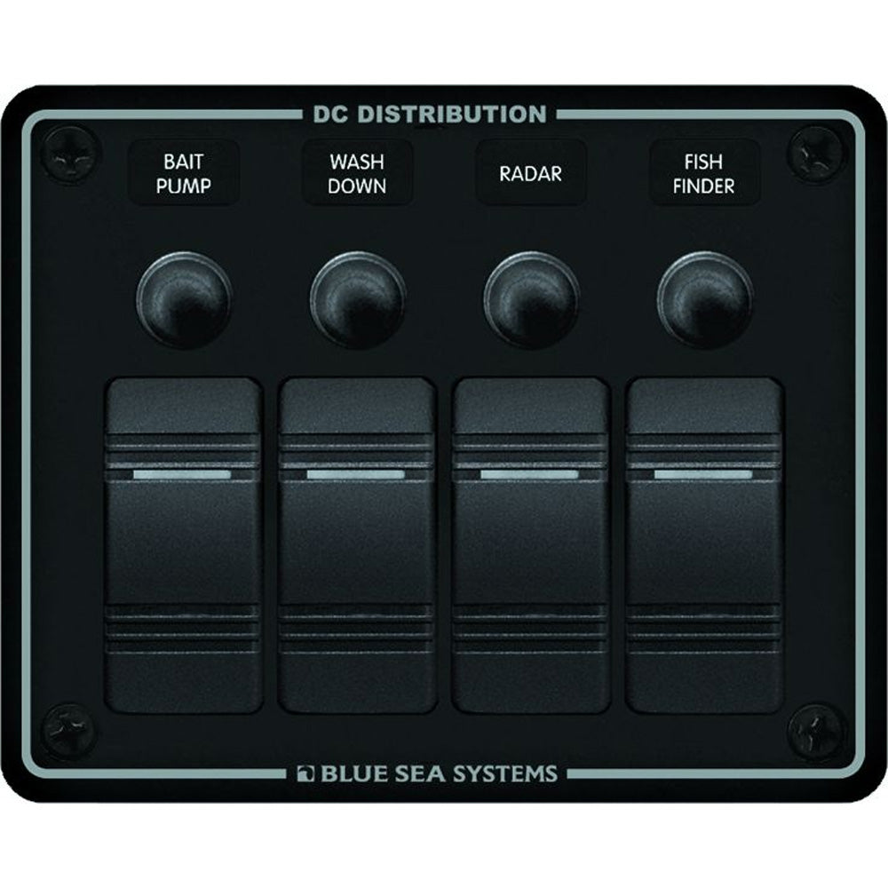 Blue Sea Systems 8372 water-resistant black horizontal mount electrical panel with 4 positions for marine or outdoor use