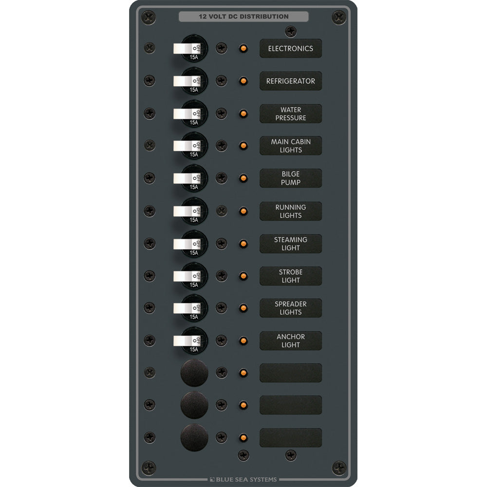 Blue Sea Systems 8376 Panel DC 13-Position Vertical electrical panel with circuit breakers and wiring for DC power distribution.