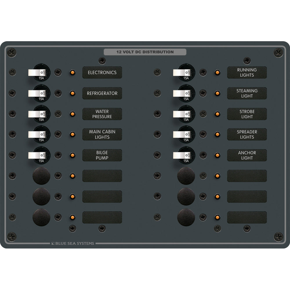 Blue Sea Systems 8377 Panel DC with 16 positions, electrical panel with blue and black components, mounted on a white surface.