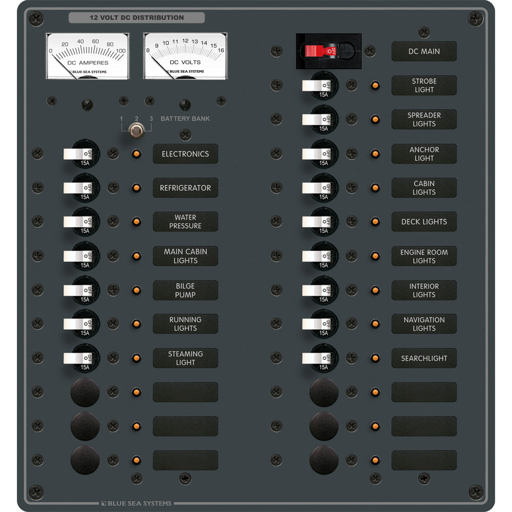 Blue Sea Systems 8380 DC Main electrical panel with 22 positions, shown in a close-up view of the panel's components and labels.